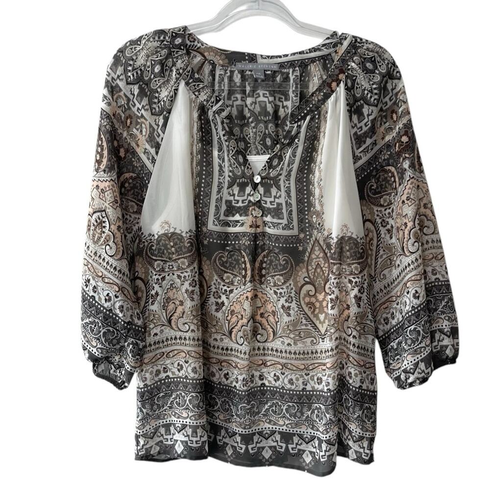 Valerie Stevens Scoop Open Neck Paisley Bracelet Sleeve Boho Top XL Petite